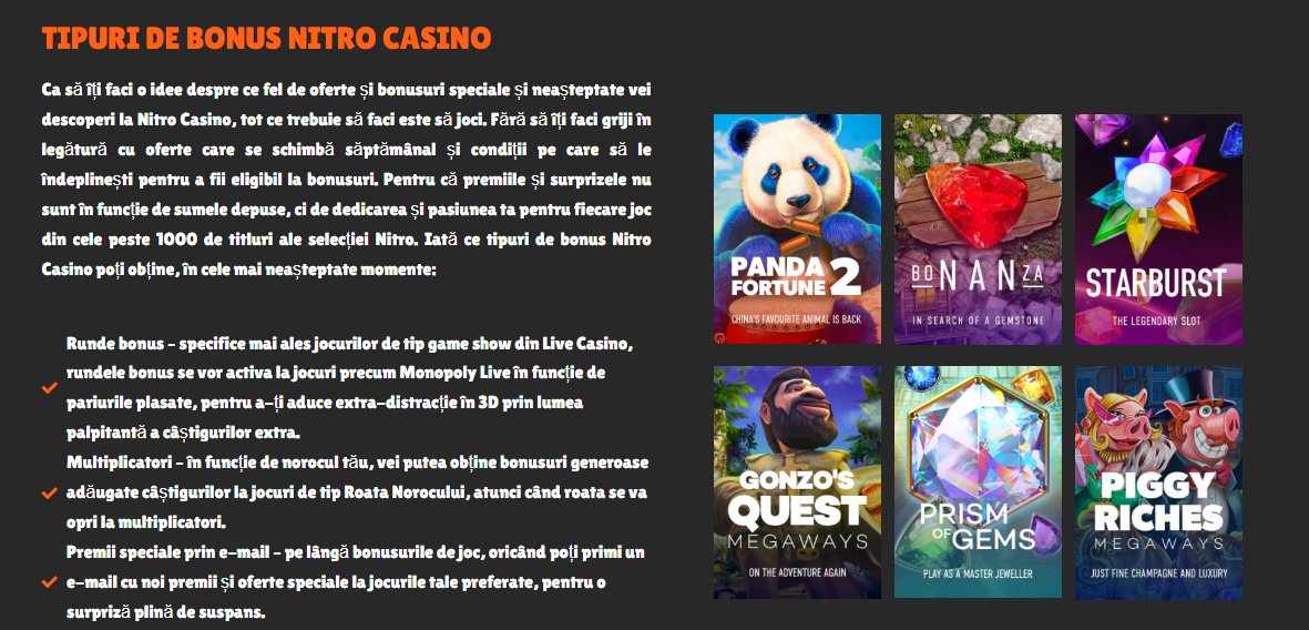 Tipuri de Bonus Nitro Casino